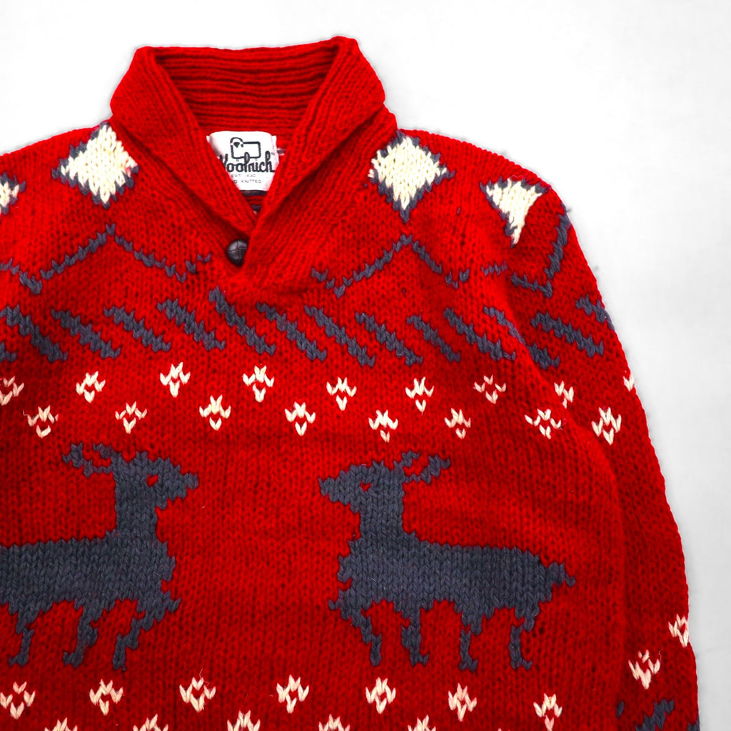 Woolrich 70年代 白タグ ショールカラー カウチン ニット セーター L レッド ノルディック柄 ウール