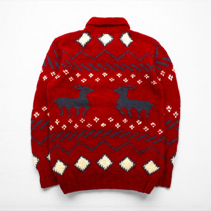 Woolrich 1970s White Tag Shawl Collar Cowichan Knit Sweater, Size L, Red, Nordic Pattern, Wool