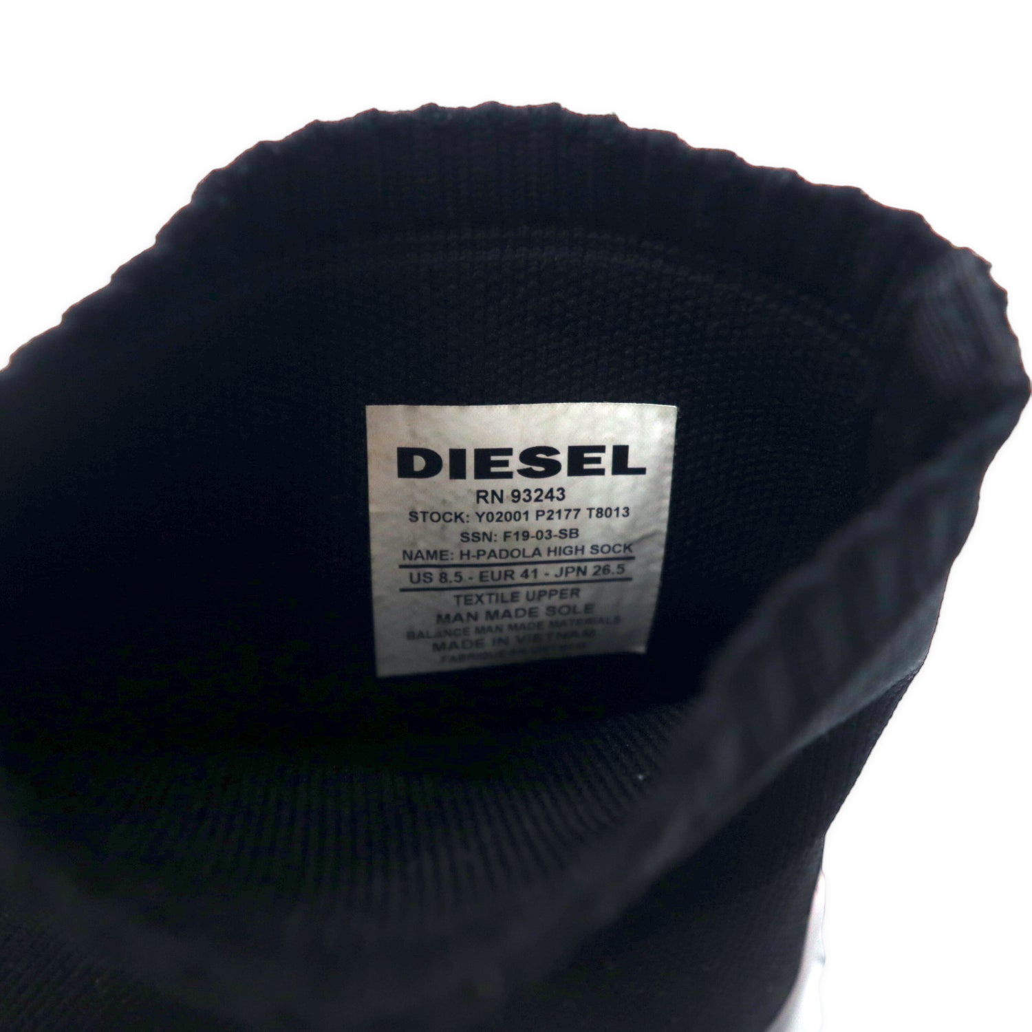 DIESEL Socks Sneakers US8.5 Black H Padola High Sock Trainers