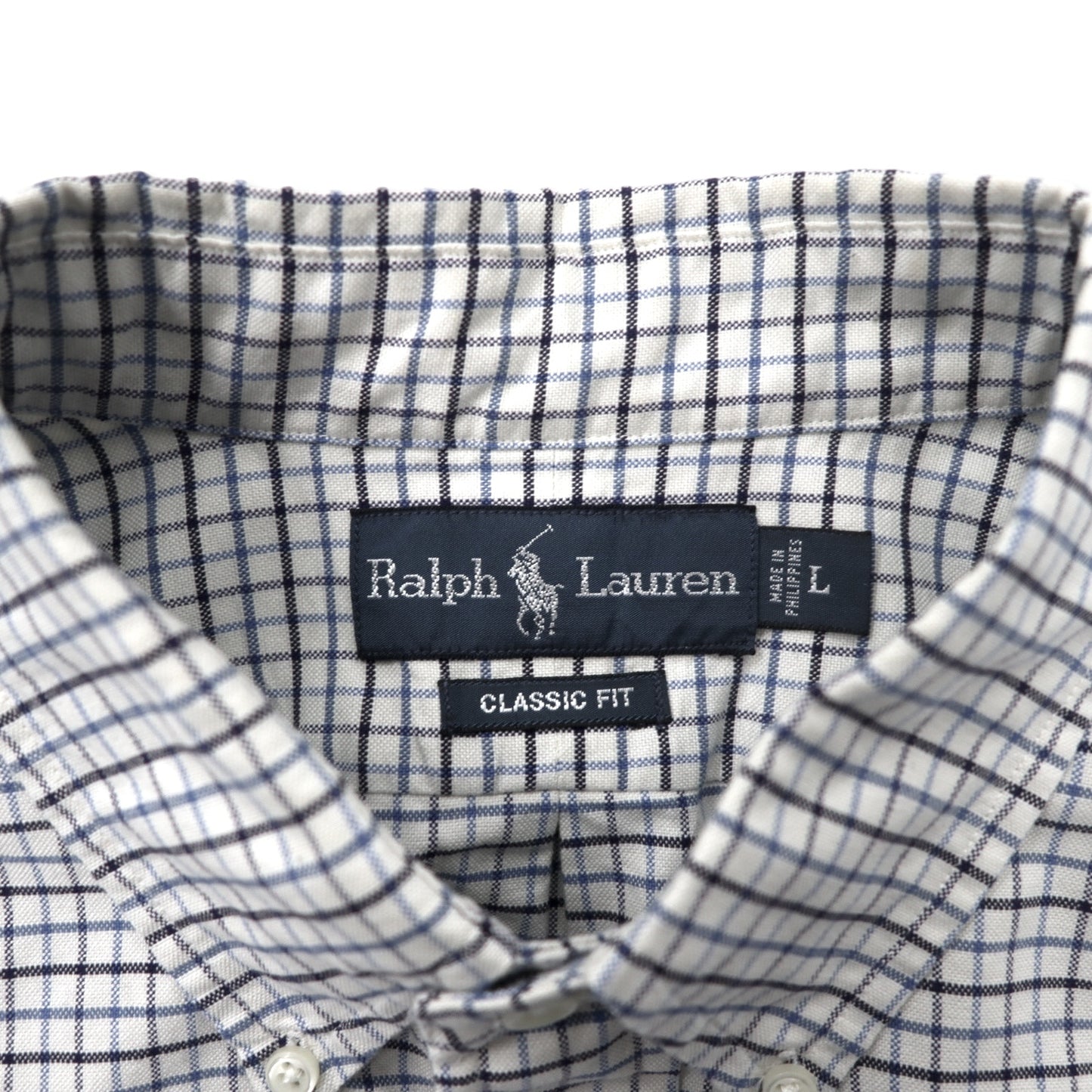 RALPH LAUREN ウィンドウペンチェック ボタンダウンシャツ L ホワイト ブルー コットン CLASSIC FIT スモールポニー刺繍