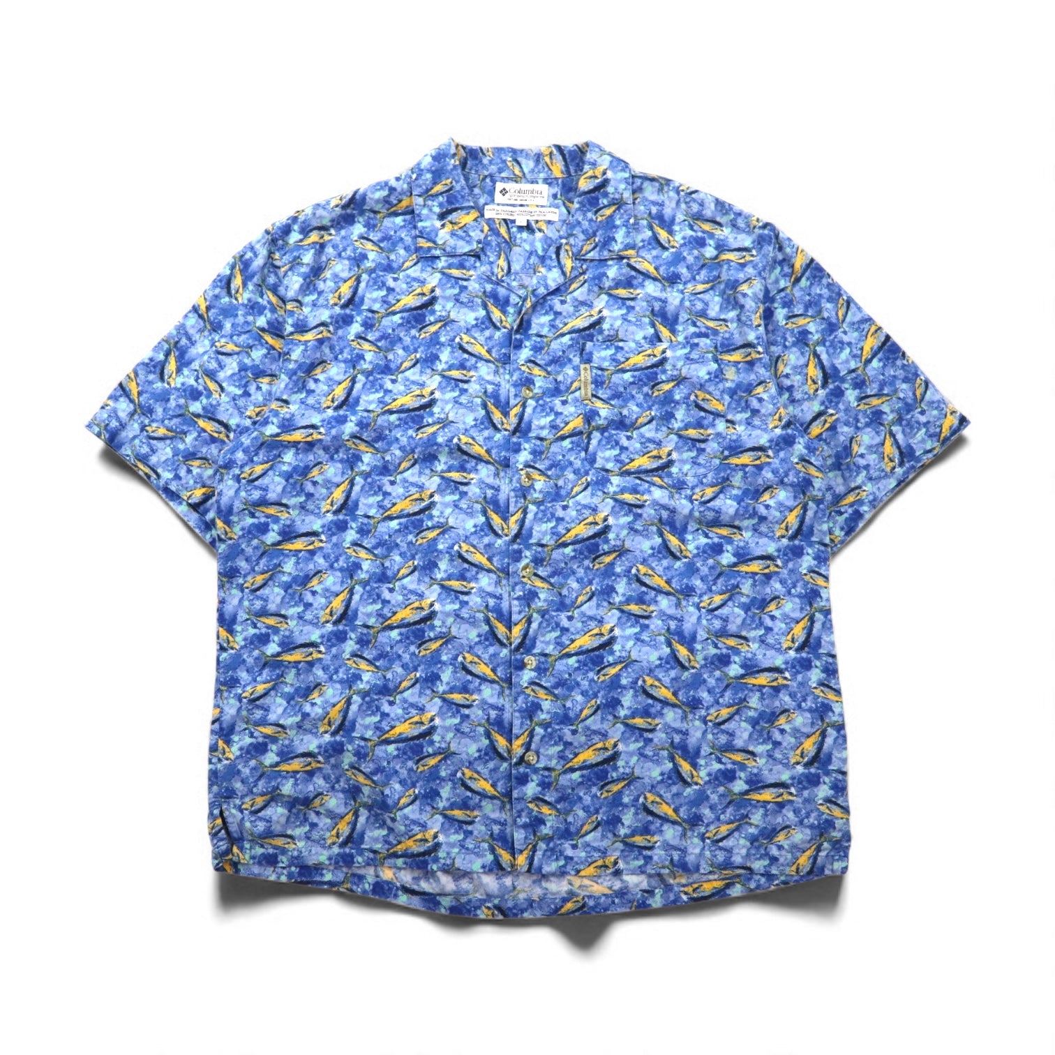 Columbia 2000s Trollers Vest, Short Sleeve, Open Collar, Aloha Shirt, Size L, Blue, All-Over Fish Print, FM7011