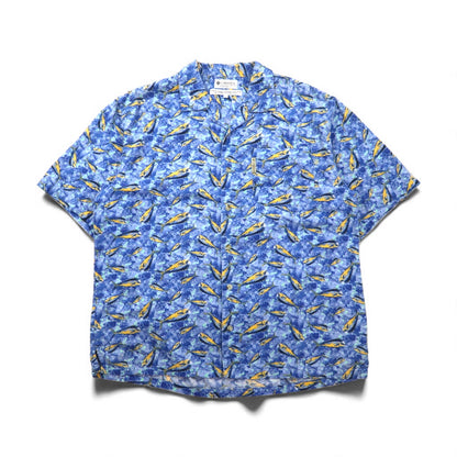 Columbia 00年代 トローラーズ ベスト 半袖 オープンカラー シャツ アロハシャツ L ブルー 総柄 魚 FM7011