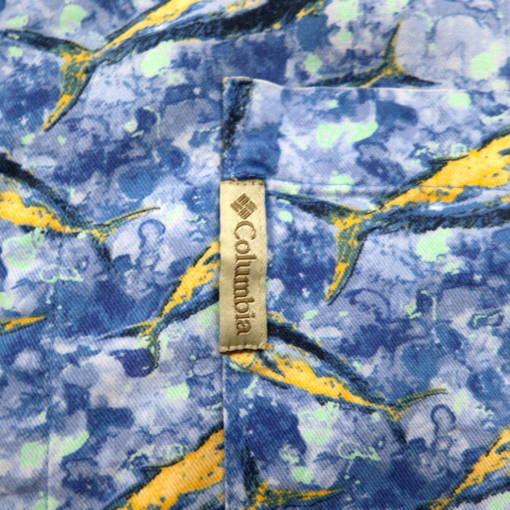 Columbia 2000s Trollers Vest, Short Sleeve, Open Collar, Aloha Shirt, Size L, Blue, All-Over Fish Print, FM7011