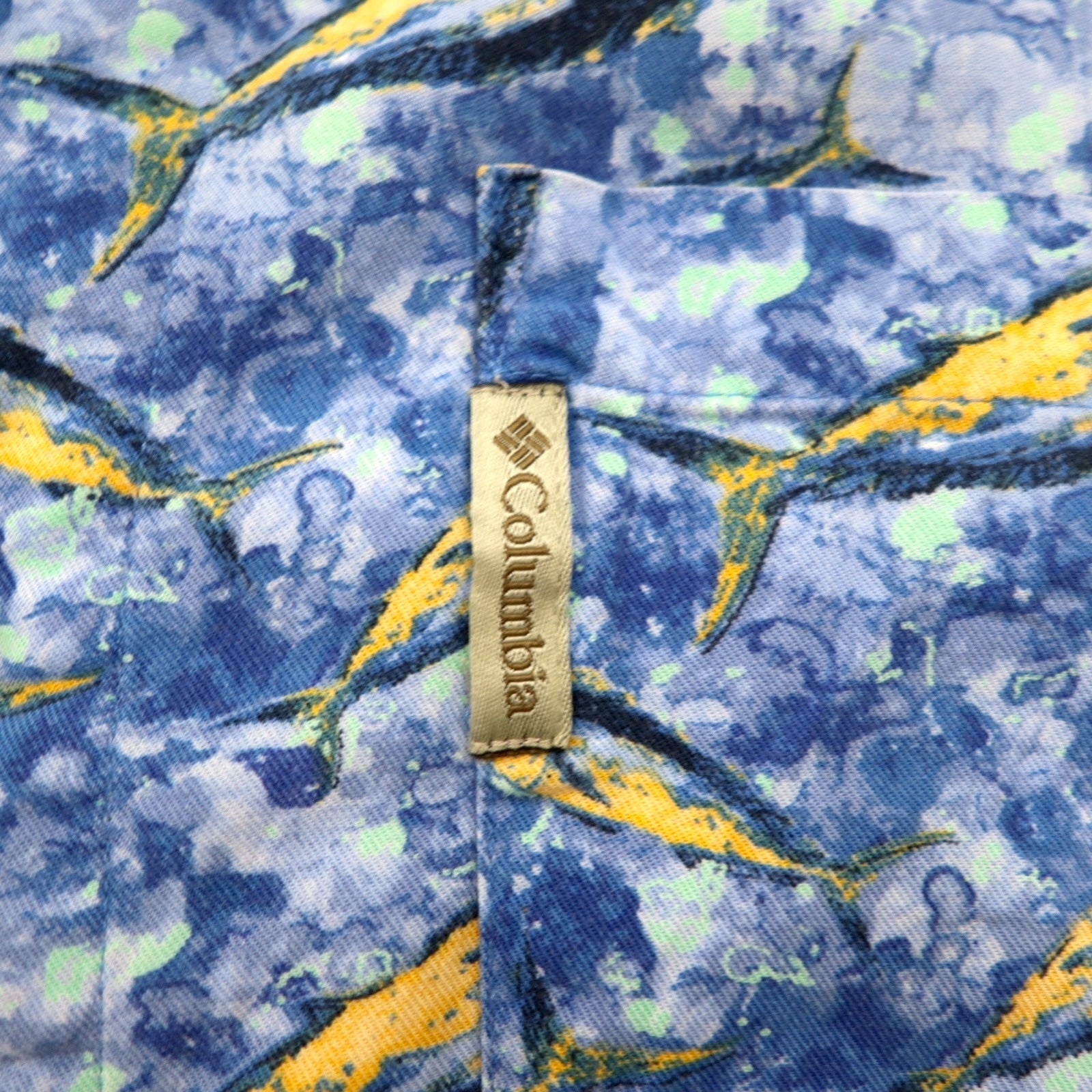 Columbia 2000s Trollers Vest, Short Sleeve, Open Collar, Aloha Shirt, Size L, Blue, All-Over Fish Print, FM7011