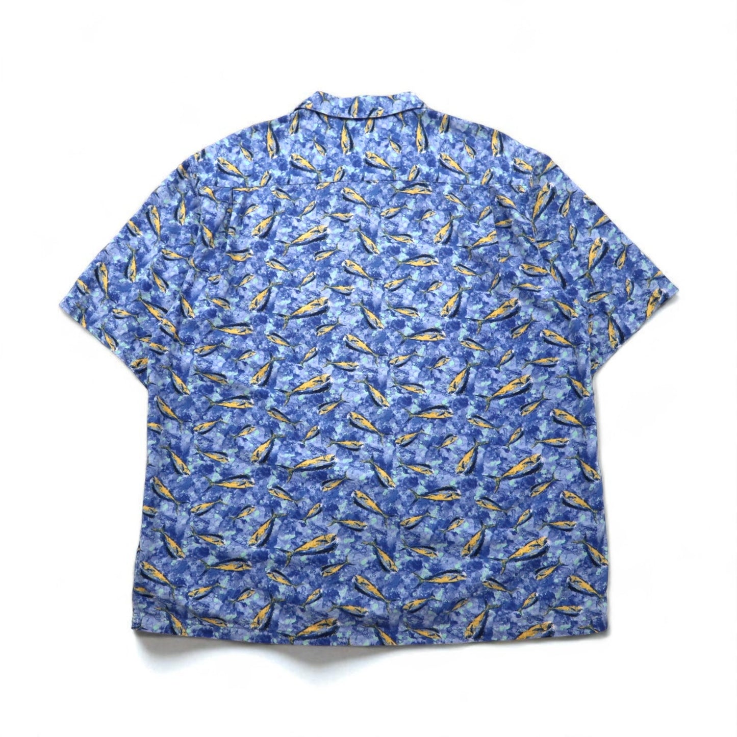 Columbia 00年代 トローラーズ ベスト 半袖 オープンカラー シャツ アロハシャツ L ブルー 総柄 魚 FM7011