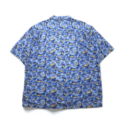 Columbia 00年代 トローラーズ ベスト 半袖 オープンカラー シャツ アロハシャツ L ブルー 総柄 魚 FM7011