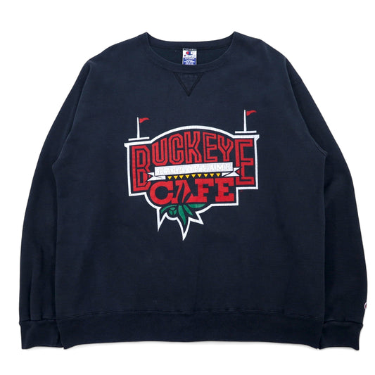 日本然リトテ-古着オンライン-Champion 90年代 USA製 プリント スウェット XXL ブラック コットン BUCKEYE CAFE-Champion 90's USA Made Print Sweatshirt XXL Black Cotton BUCKEYE CAFE