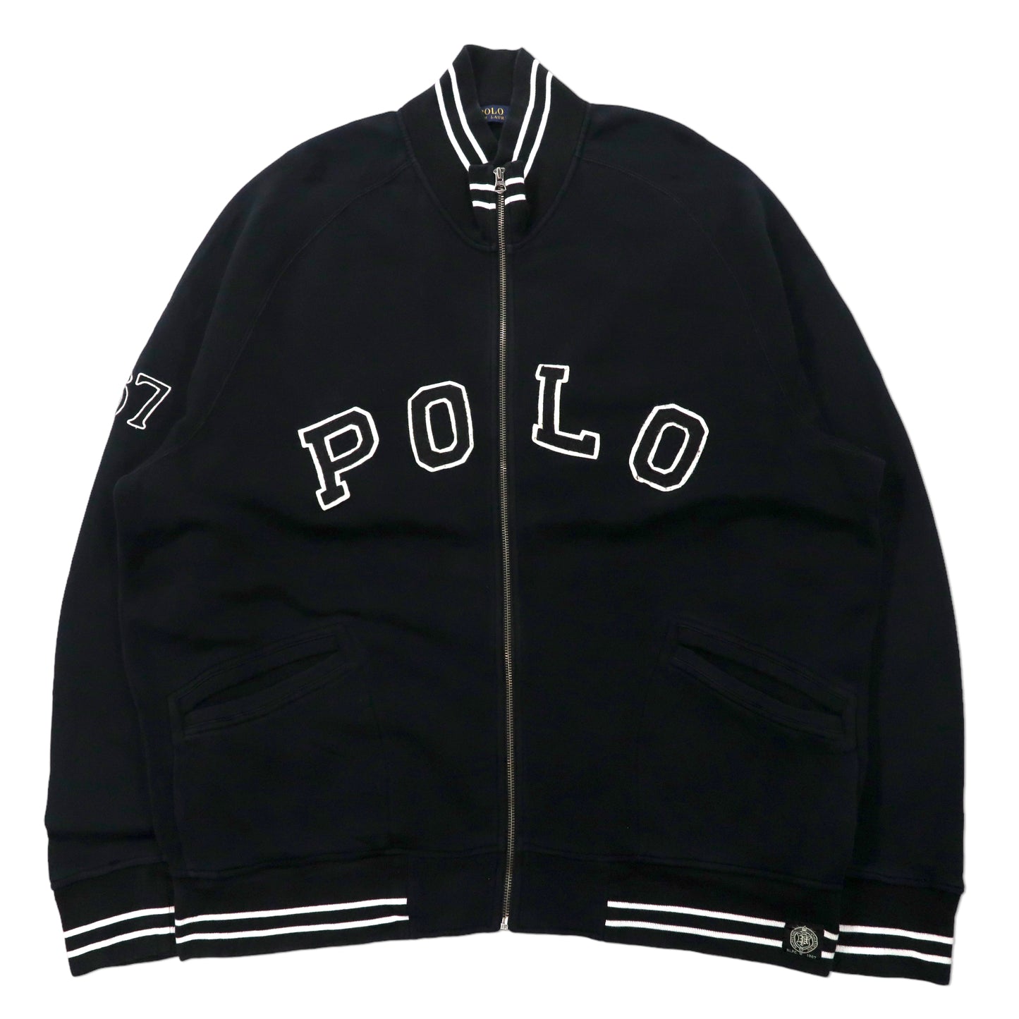 POLO RALPH LAUREN ビッグサイズ スウェットジャケット スタジャン 2XB ブラック コットン 裏起毛 ロゴワッペン TALONジップ リブライン