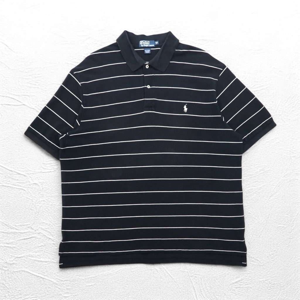 Polo by Ralph Lauren 90s Striped Polo Shirt 2XL BIG Big Size Black Pique Small Pony Embroidery
