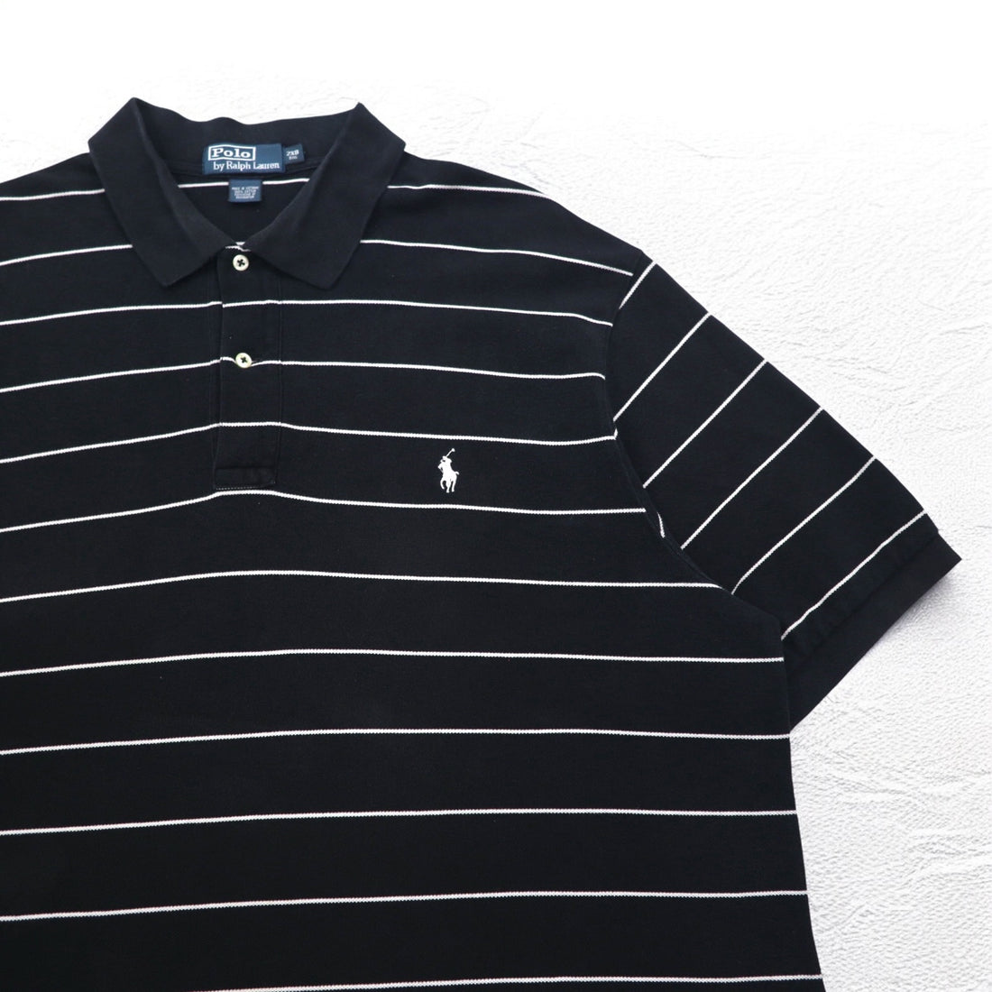 Polo by Ralph Lauren 90s Striped Polo Shirt 2XL BIG Big Size Black Pique Small Pony Embroidery