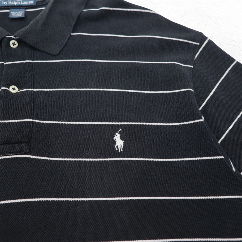Polo by Ralph Lauren 90s Striped Polo Shirt 2XL BIG Big Size Black Pique Small Pony Embroidery