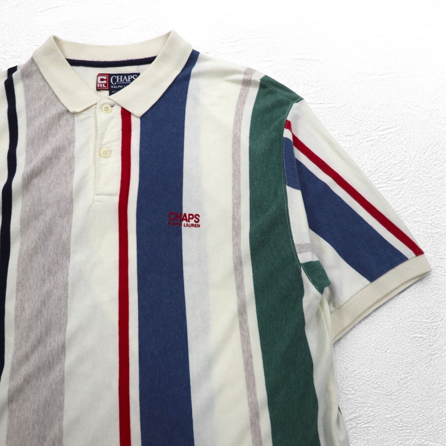 CHAPS RALPH LAUREN 90年代 マルチストライプ ポロシャツ L ホワイト ワンポイントロゴ刺繍