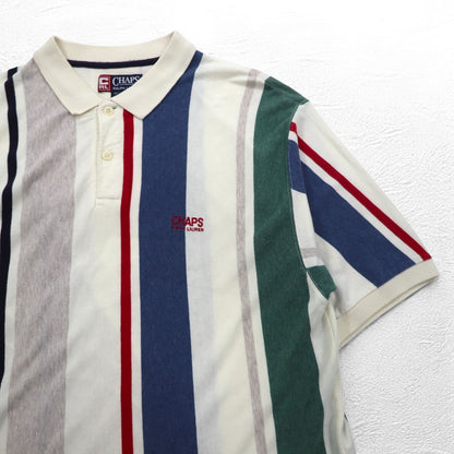 CHAPS RALPH LAUREN 90年代 マルチストライプ ポロシャツ L ホワイト ワンポイントロゴ刺繍