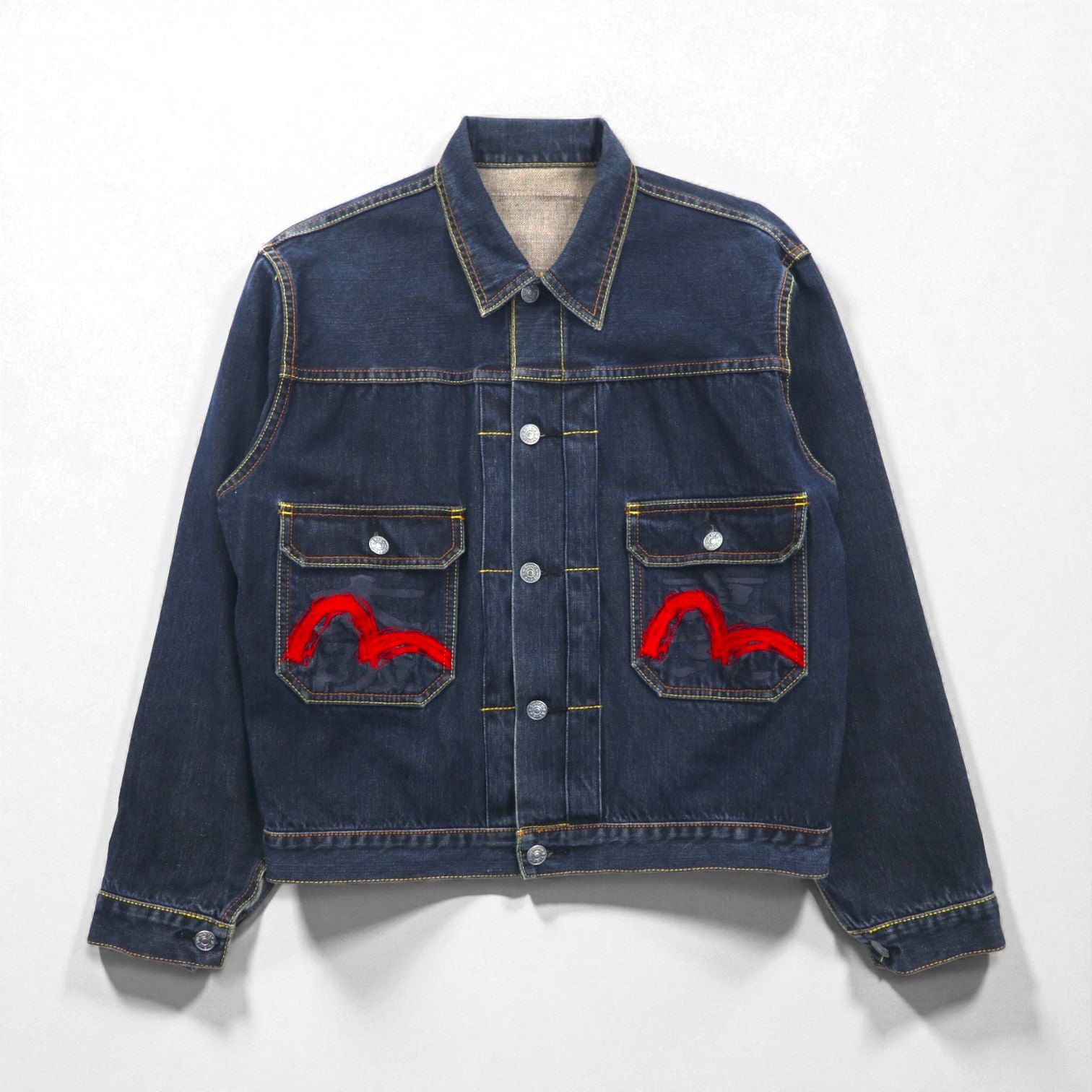 EVISU 2ndタイプ デニム トラッカージャケット Gジャン M 濃紺 インディゴ 赤 カモメ ペイント 東京 大阪 シンチバック セルヴィッヂ