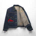 EVISU 2nd Type Denim Trucker Jacket, Size M, Dark Blue, Indigo, Red, Seagull Paint, Cinch Back, Selvedge, Tokyo, Osaka