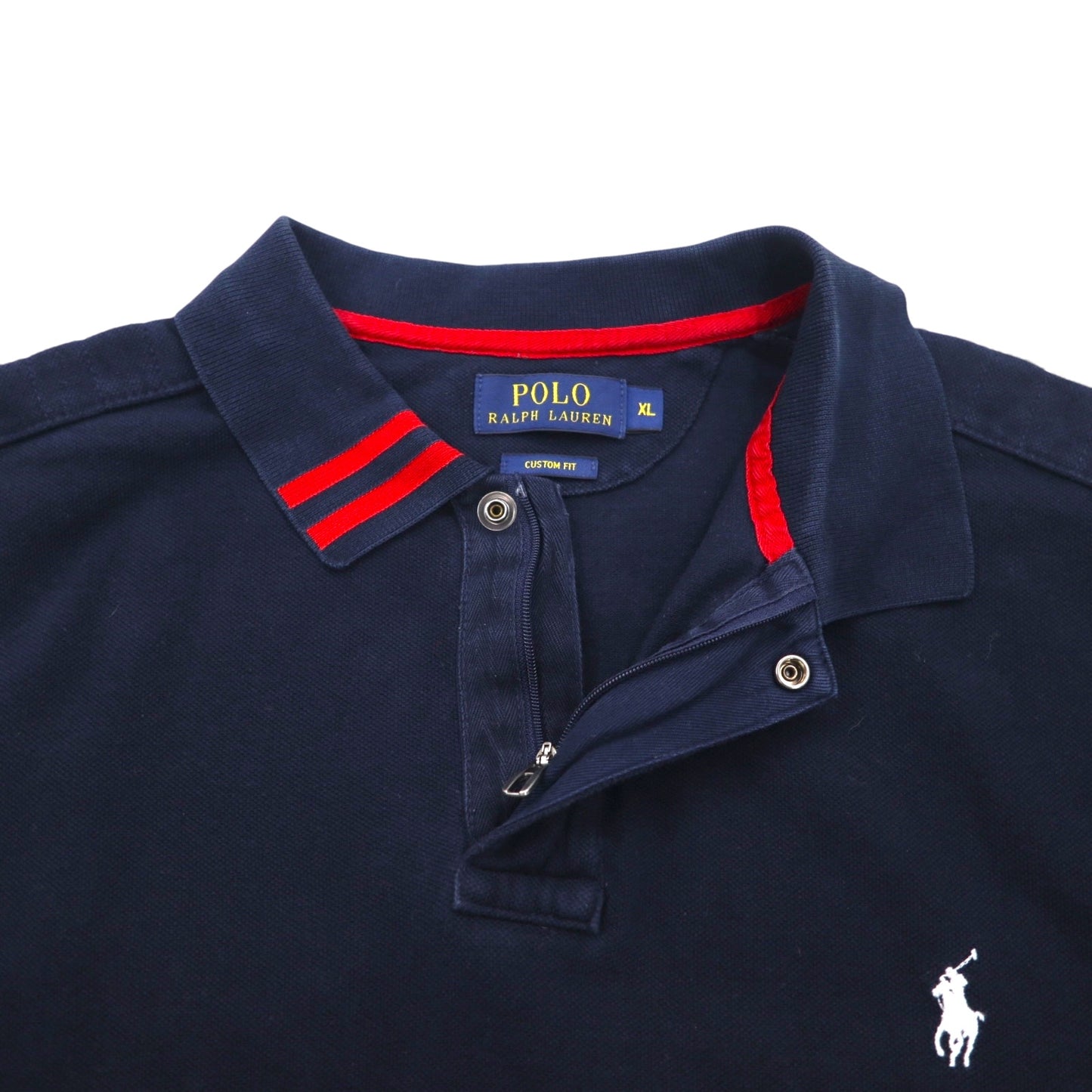 POLO RALPH LAUREN polo shirt, size XL, navy and red, cotton, pique fabric, half-zip closure, snap buttons, small pony embroidery.