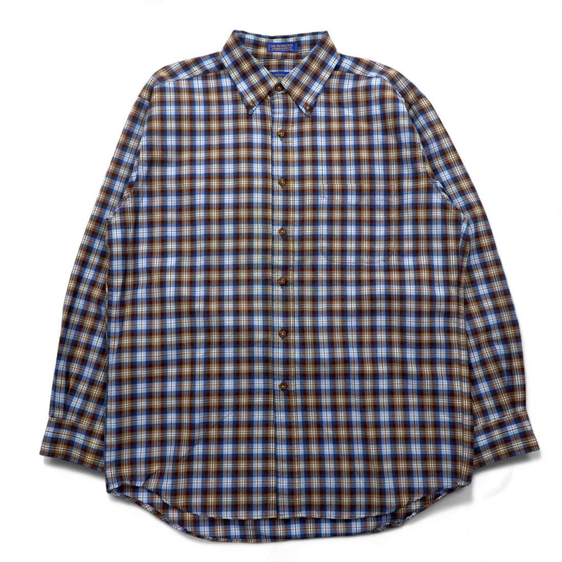 PENDLETON Wool Check Button-Down Shirt, L, Blue, Brown, Made in Mexico