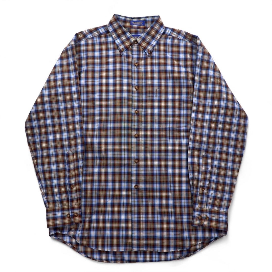 PENDLETON Wool Check Button-Down Shirt, L, Blue, Brown, Made in Mexico