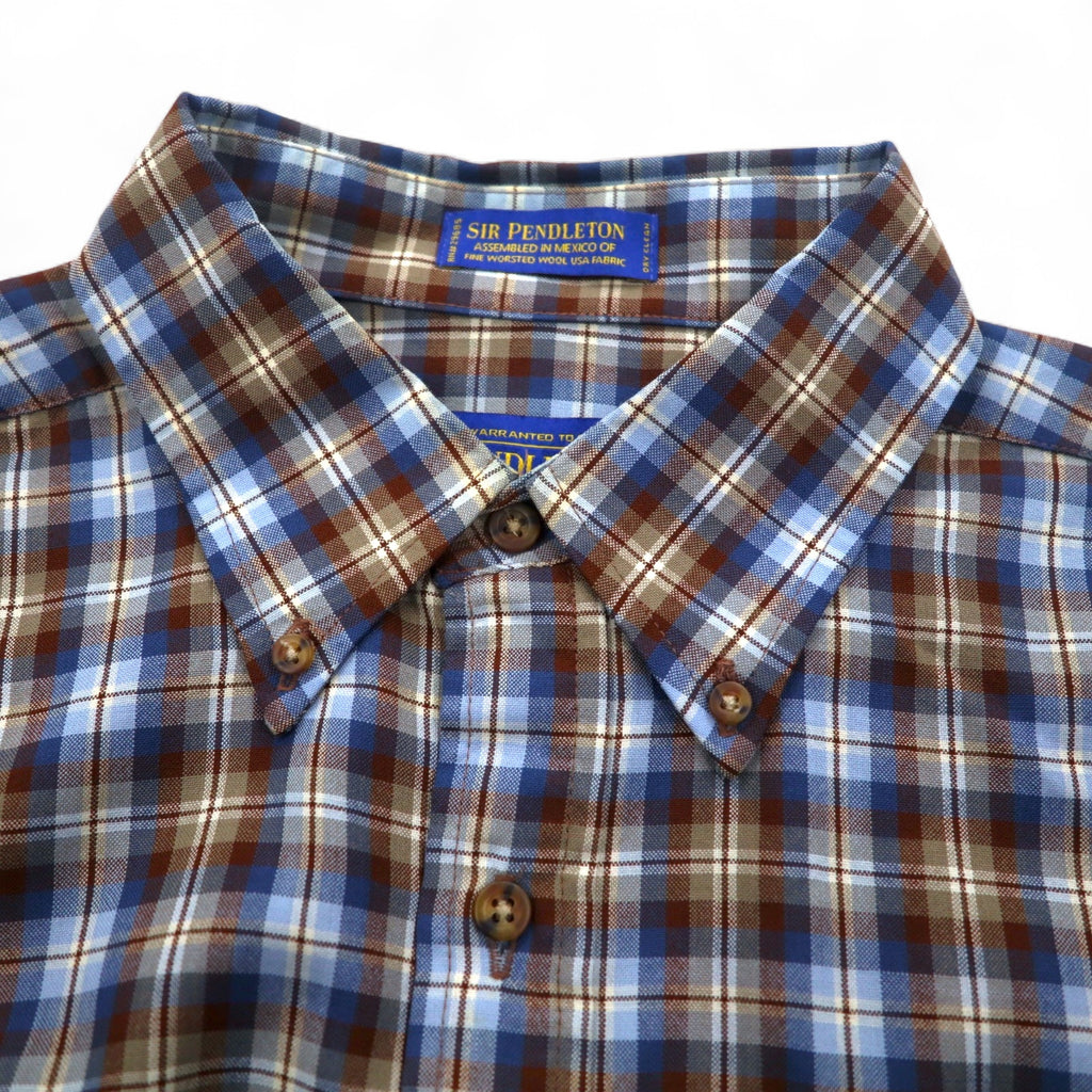 PENDLETON Wool Check Button-Down Shirt, L, Blue, Brown, Made in Mexico