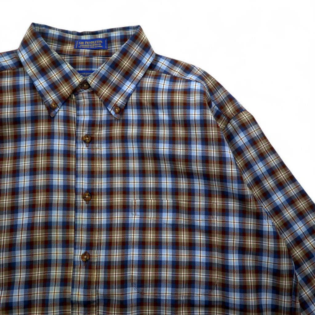 PENDLETON Wool Check Button-Down Shirt, L, Blue, Brown, Made in Mexico