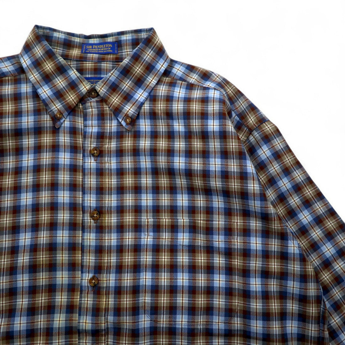 PENDLETON Wool Check Button-Down Shirt, L, Blue, Brown, Made in Mexico