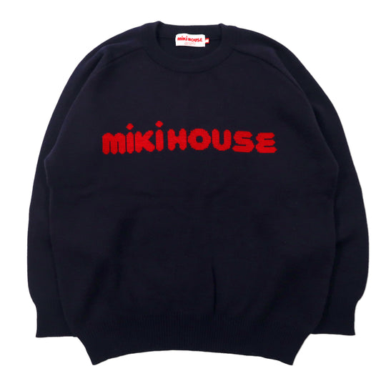 miki HOUSE MEN'S 90年代 ロゴニット セーター M ネイビー アクリル エルボーパッチ 日本製