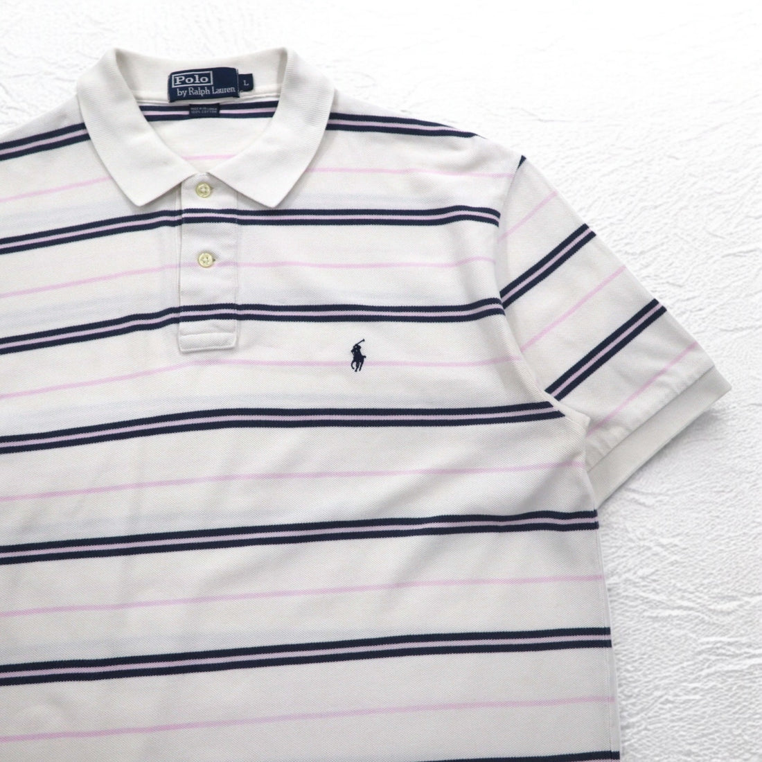 Polo by Ralph Lauren 90s Striped Polo Shirt L White Pique Small Pony Embroidery