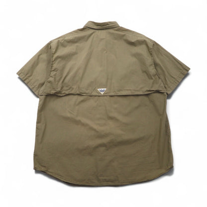 Columbia PFG バハマ 半袖 フィッシング シャツ L カーキ コットン ユーティリティ マルチポケット FM7130