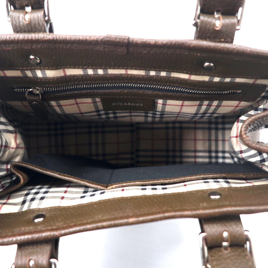 BURBERRY Square Handbag Brown Leather Grained Leather Inside Nova Check