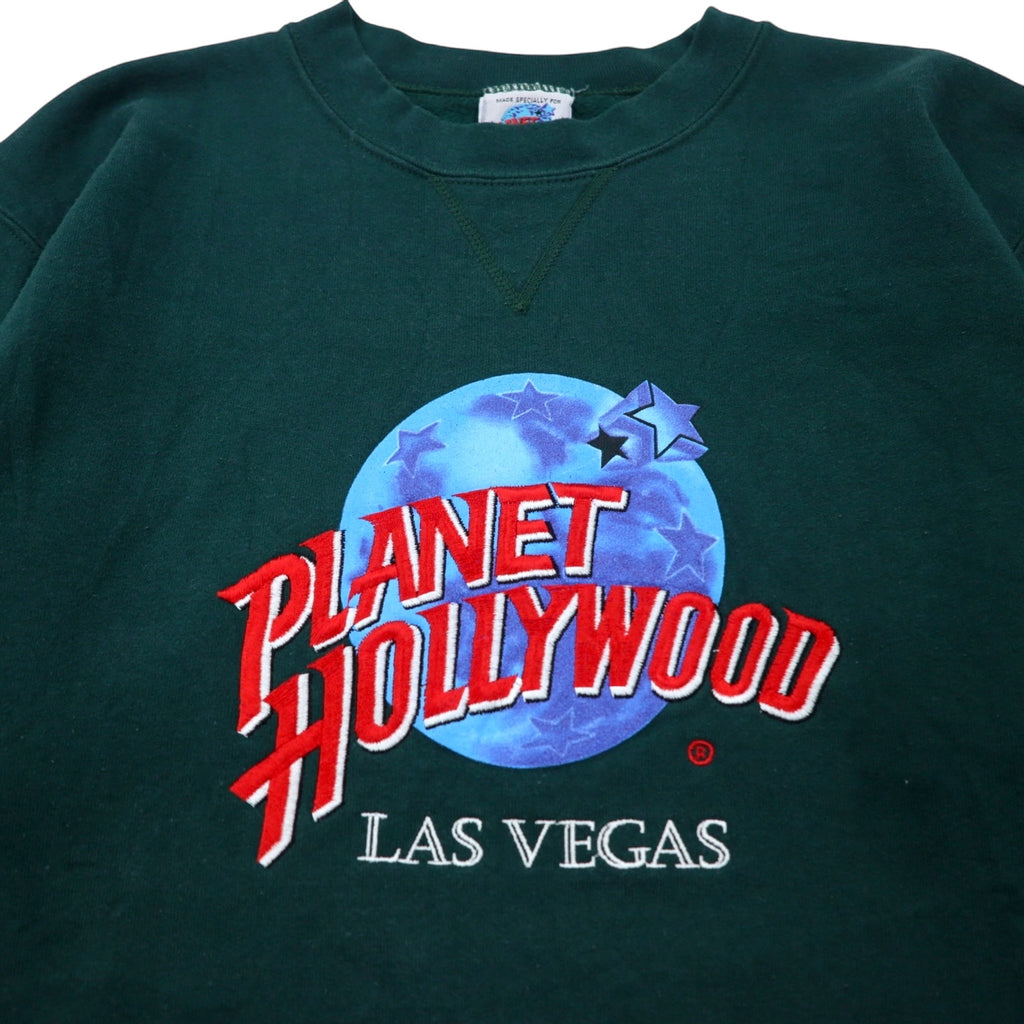PLANET HOLLYWOOD 90s USA Made Sweatshirt L Green Cotton Logo Embroidery LAS VEGAS