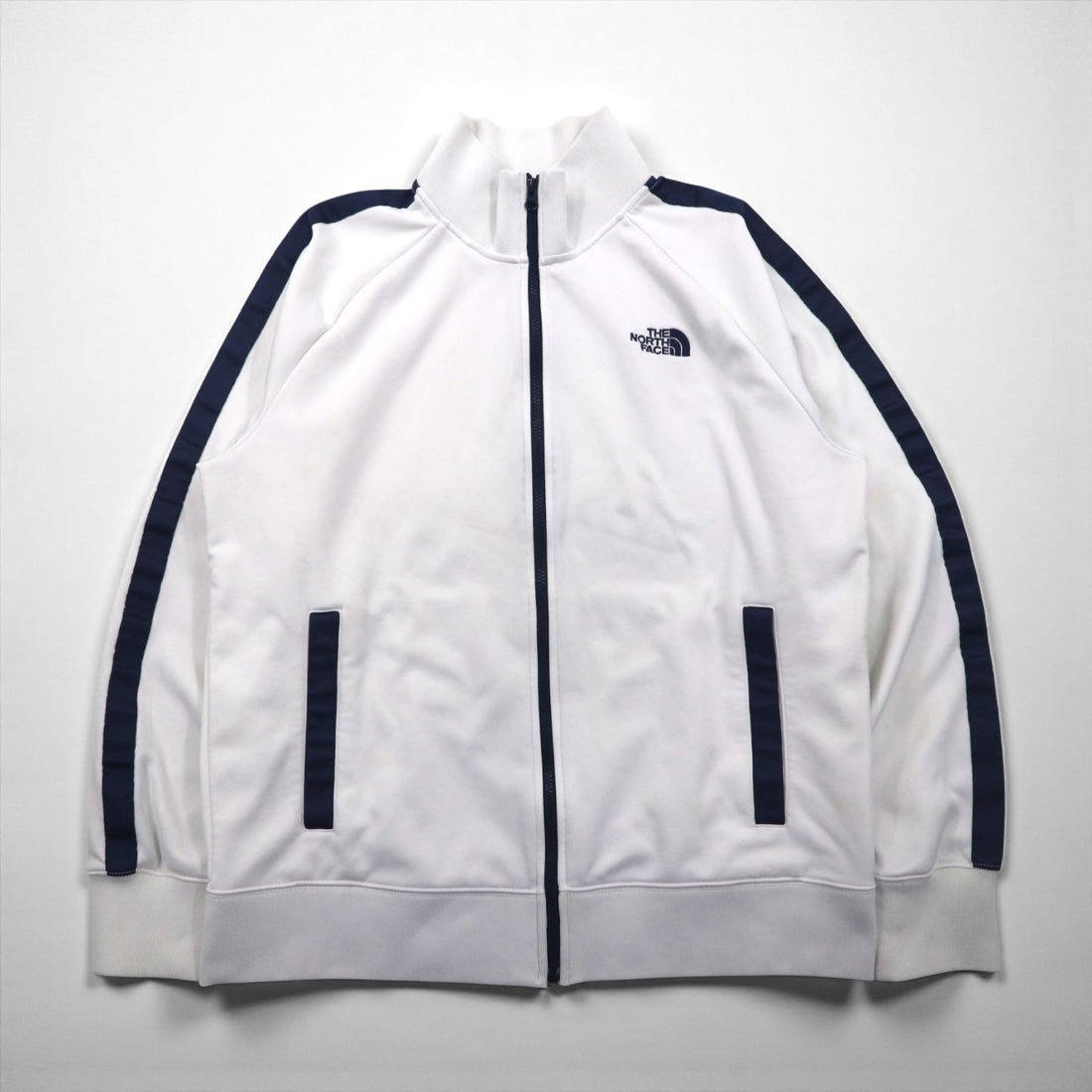 THE NORTH FACE Track Jacket, Size L, White, AZFX Side Stripes, Navy, Stand Collar