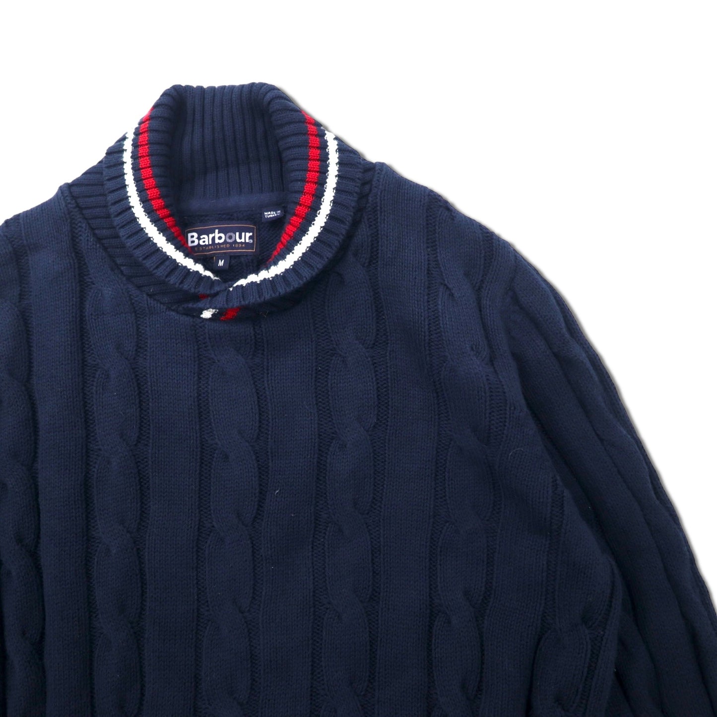 BARBOUR Shawl COLLAR Cable knit sweater M navy cotton – 日本然リトテ