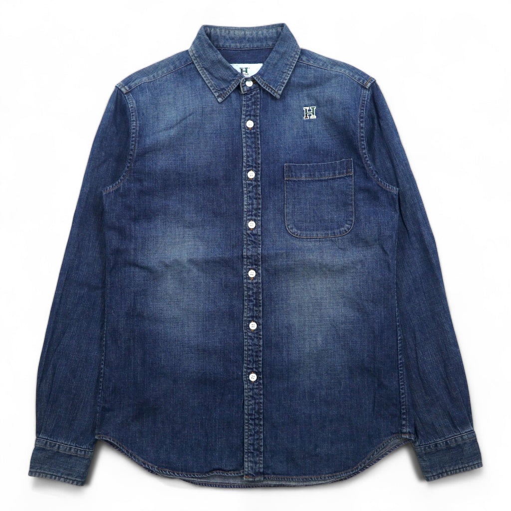 HBNS Work Denim Shirt S Indigo Blue Logo Embroidery Chest Pocket Made in Japan