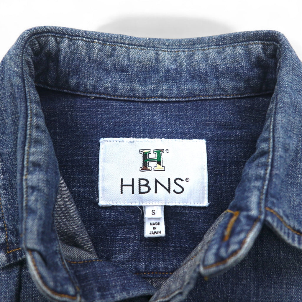 HBNS Work Denim Shirt S Indigo Blue Logo Embroidery Chest Pocket Made in Japan