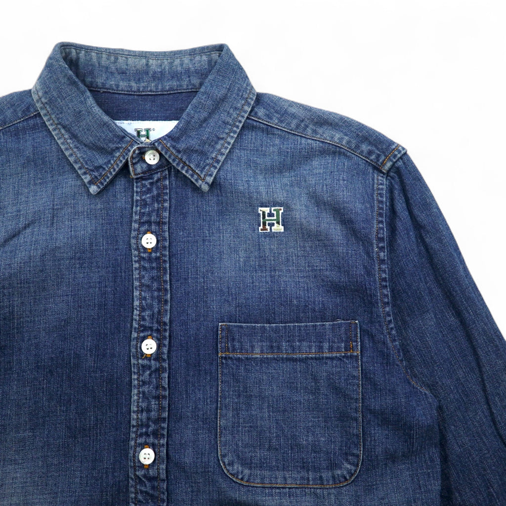 HBNS Work Denim Shirt S Indigo Blue Logo Embroidery Chest Pocket Made in Japan