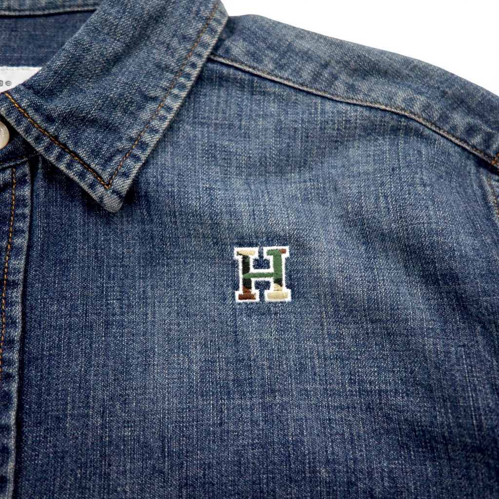 HBNS Work Denim Shirt S Indigo Blue Logo Embroidery Chest Pocket Made in Japan