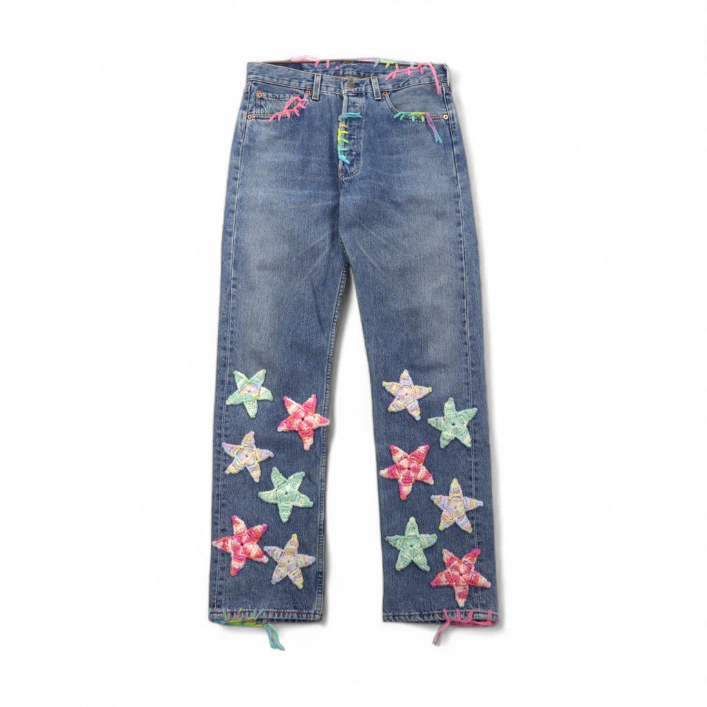 YARN x 90s Levi's 501 Crochet Star Denim Jeans, Size M, Indigo Blue, Handmade