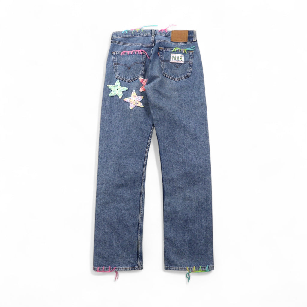 YARN x 90s Levi's 501 Crochet Star Denim Jeans, Size M, Indigo Blue, Handmade