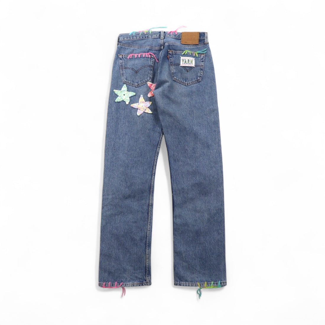 YARN x 90s Levi's 501 Crochet Star Denim Jeans, Size M, Indigo Blue, Handmade