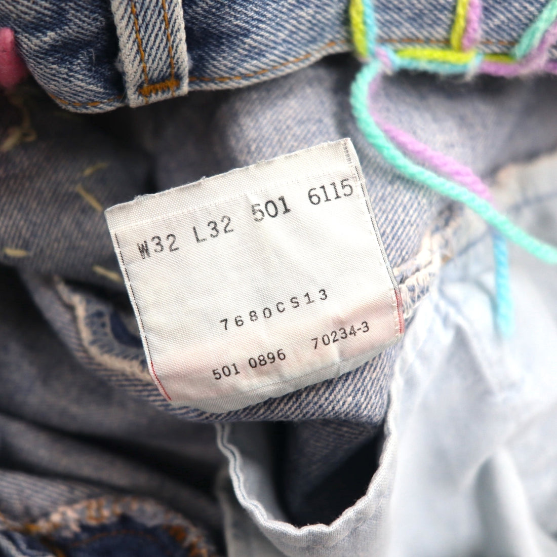 YARN x 90s Levi's 501 Crochet Star Denim Jeans, Size M, Indigo Blue, Handmade