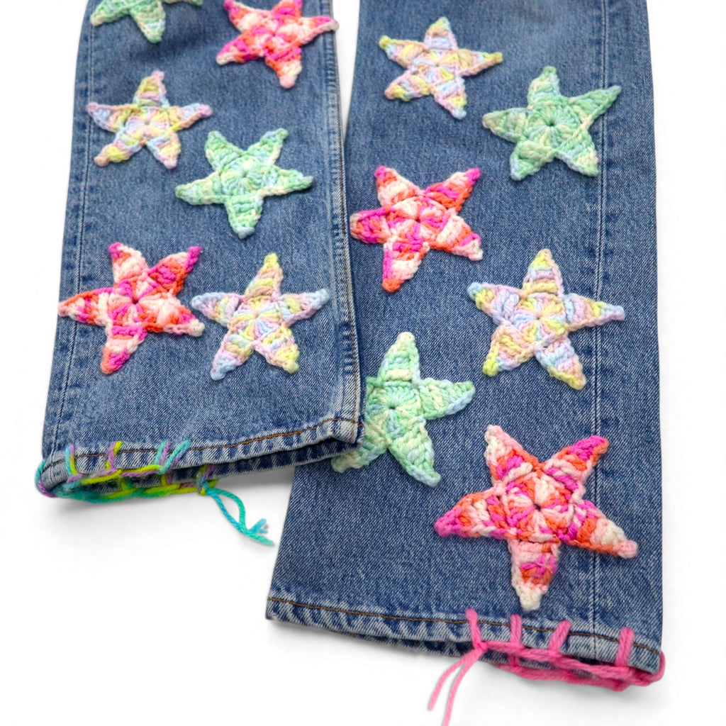 YARN x 90s Levi's 501 Crochet Star Denim Jeans, Size M, Indigo Blue, Handmade