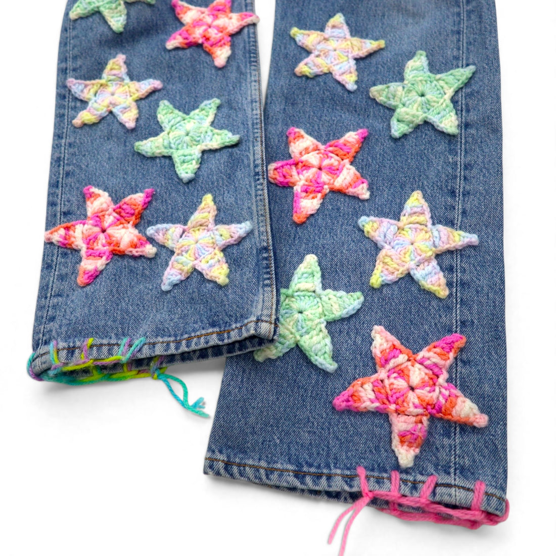 YARN x 90s Levi's 501 Crochet Star Denim Jeans, Size M, Indigo Blue, Handmade