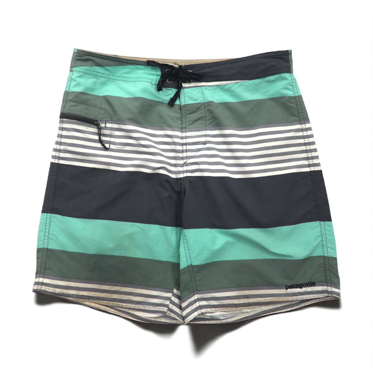 Patagonia Wavefarer Board Shorts, Size M, Green and Gray Striped Nylon, 86621