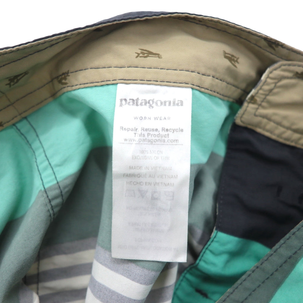 Patagonia Wavefarer Board Shorts, Size M, Green and Gray Striped Nylon, 86621
