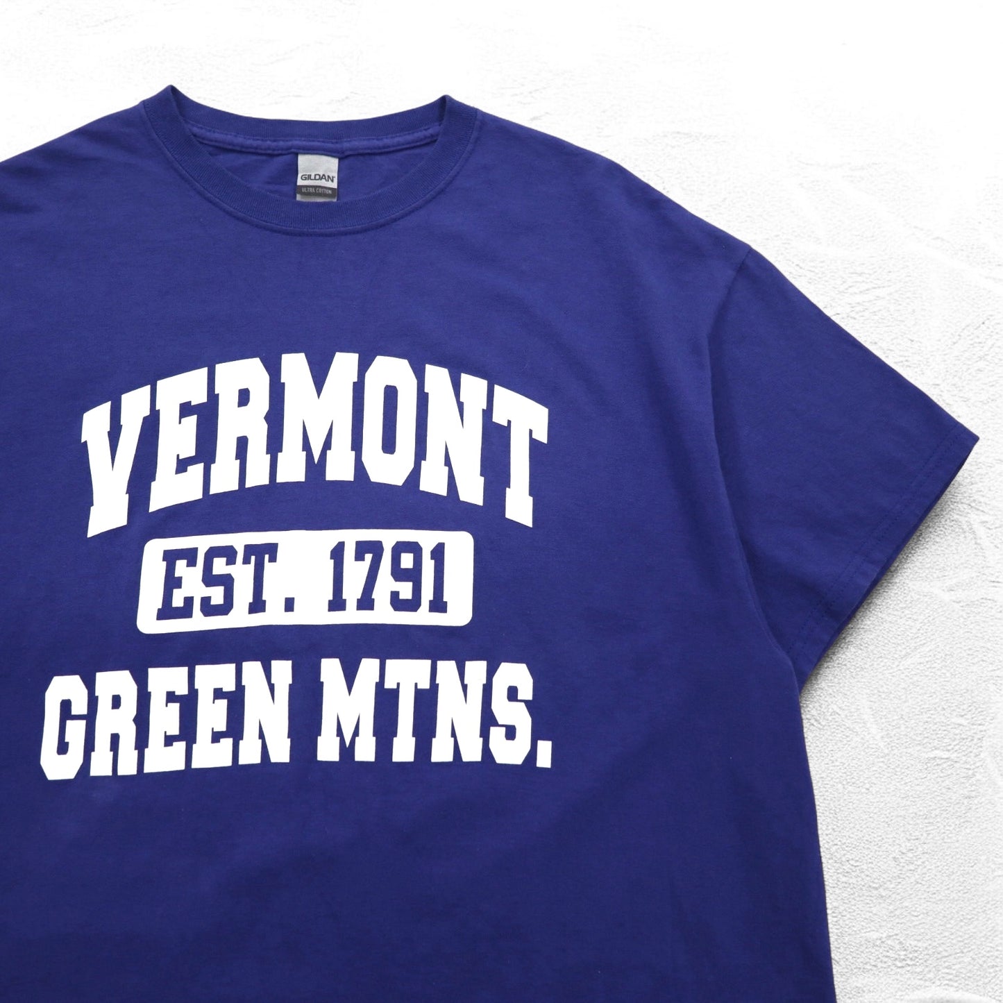 GILDAN カレッジプリント ULTRA COTTON 3段プリント Tシャツ XL ブルー アーチロゴ VERMONT GREEN MTNS