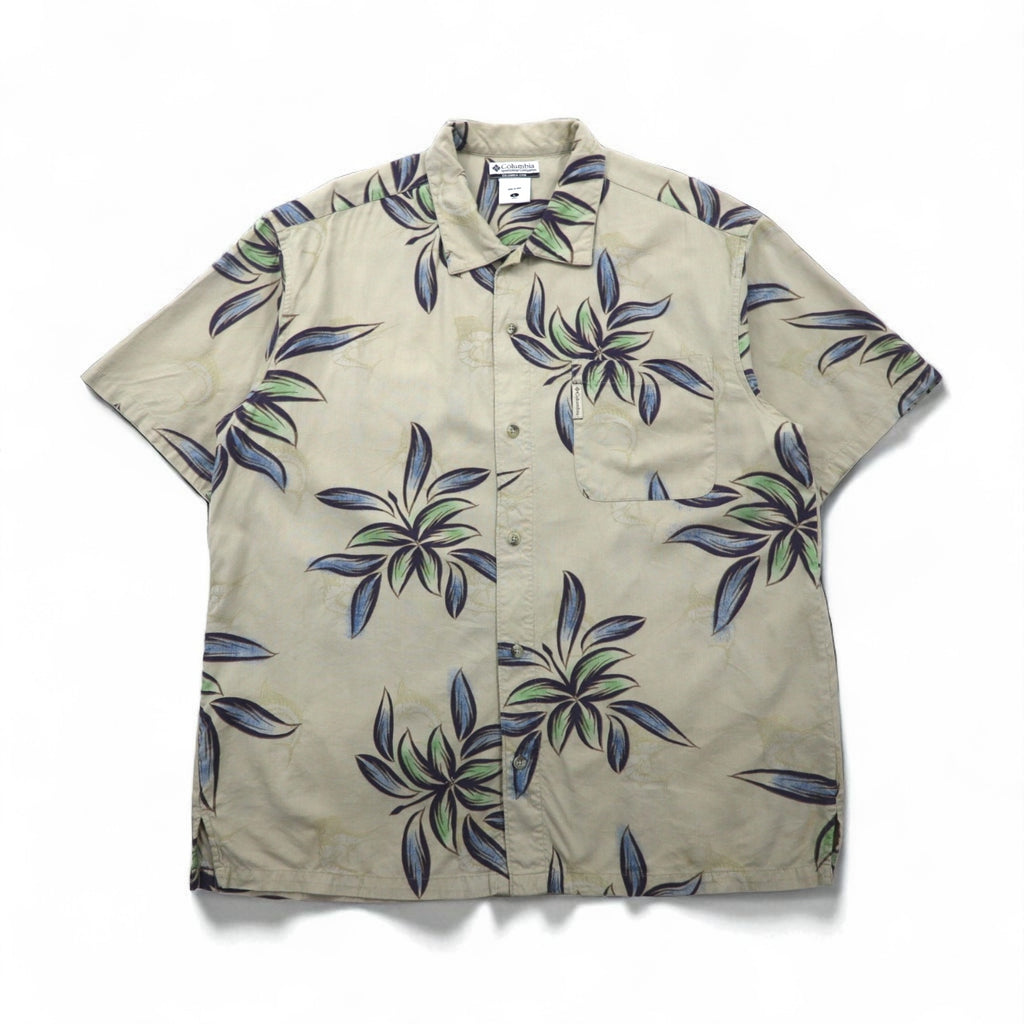 Columbia Aloha Shirt, All-Over Print, Short Sleeve, Size L, Beige, Hibiscus, Fishing, FM7086