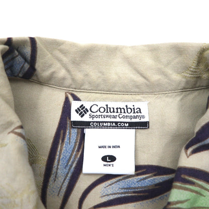 Columbia アロハシャツ 総柄 半袖シャツ L ベージュ ハイビスカス フィッシング 魚 FM7086