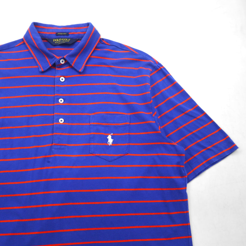 POLO GOLF RALPH LAUREN Pima Cotton Striped Polo Shirt, Size L, Blue/Orange, Vintage Lisle Pocket, Small Pony Embroidery, Made in Peru