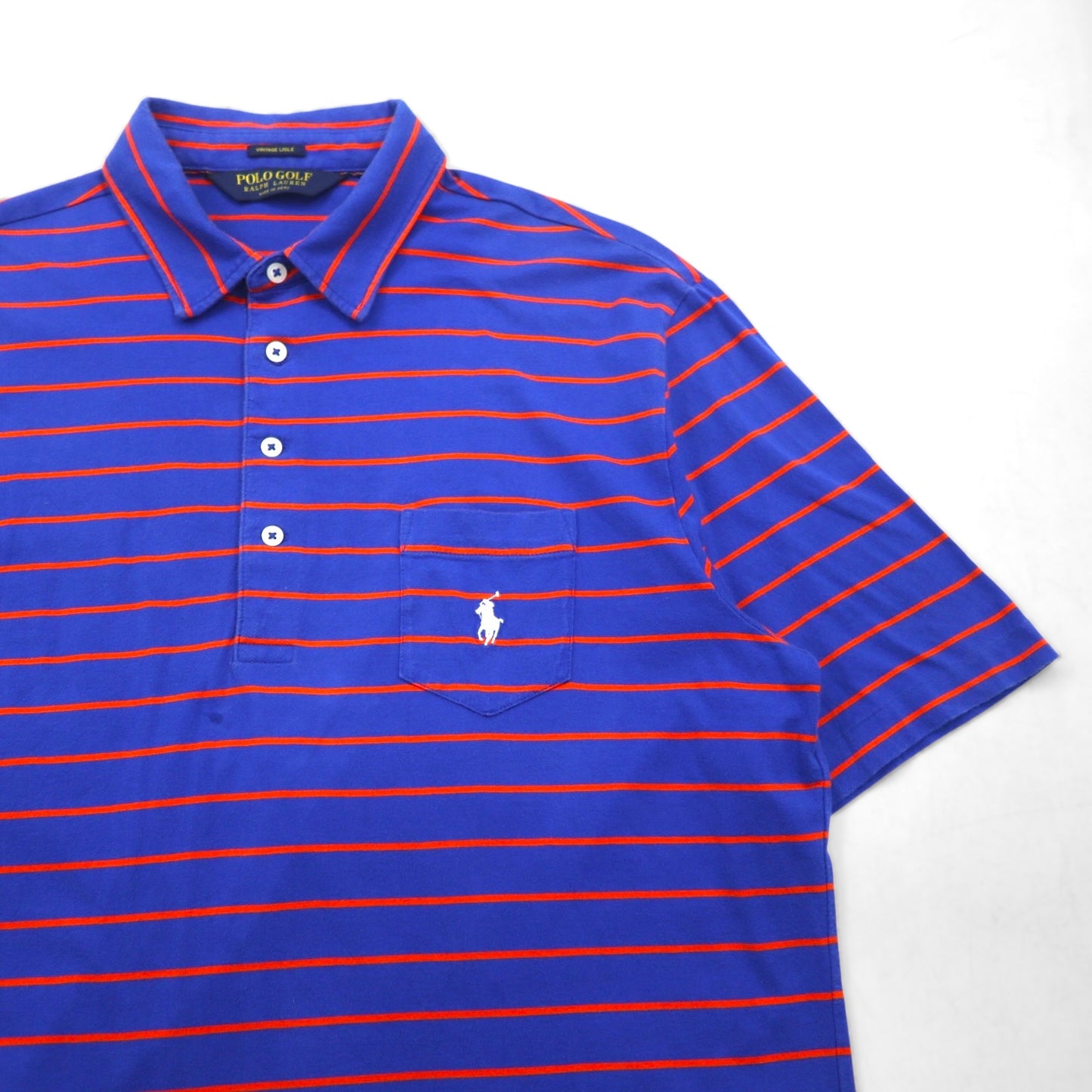 POLO GOLF RALPH LAUREN Pima Cotton Striped Polo Shirt, Size L, Blue/Orange, Vintage Lisle Pocket, Small Pony Embroidery, Made in Peru
