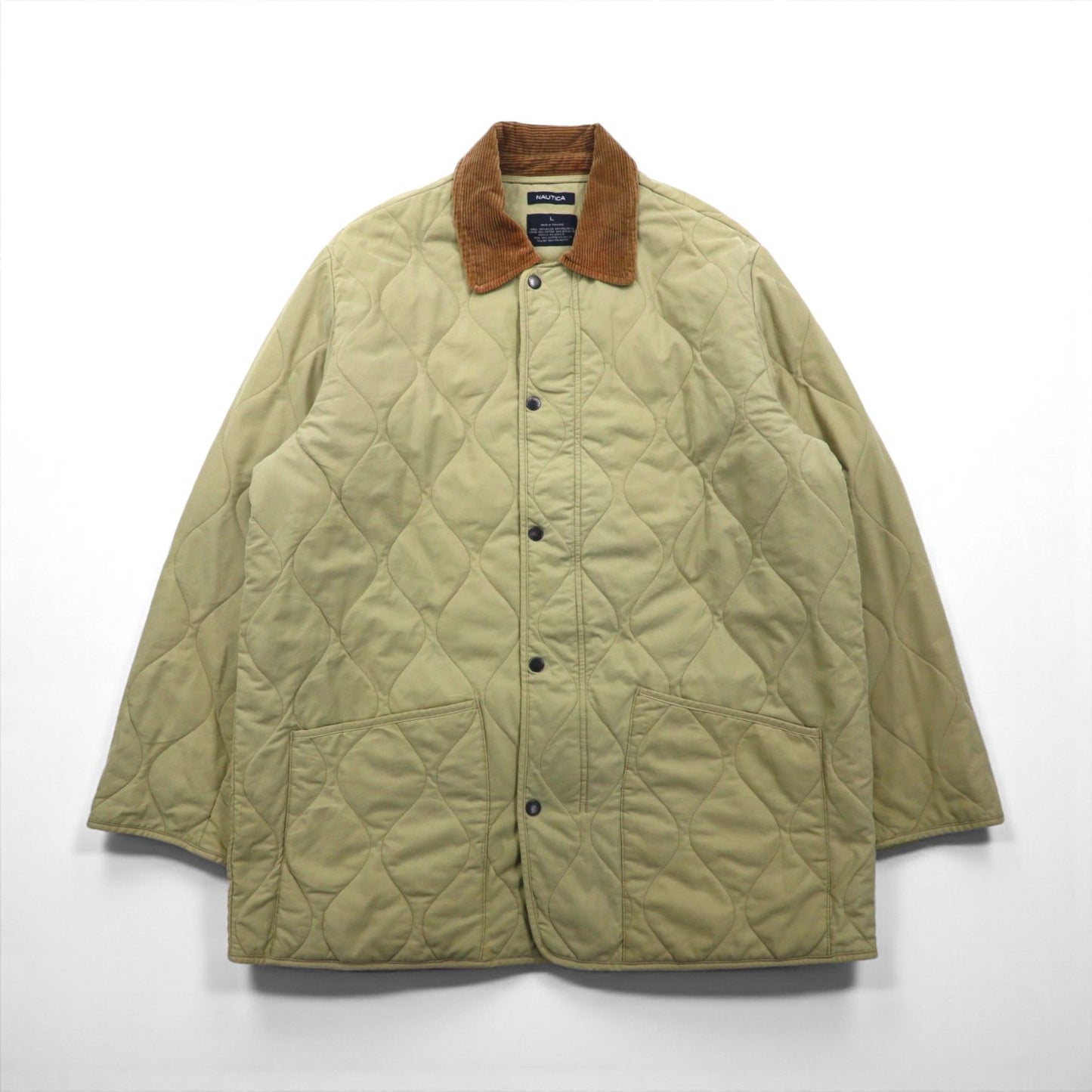 NAUTICA Quilted Jacket, Size L, Beige, Check Lining, Corduroy Collar, Padded, Smart Fabric Technology, Snap Buttons, Zipper Closure